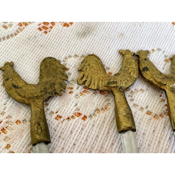 Vintage 1970s 4 PC. Brass Stainless Steel Kebob Skewers Chicken Rooster Tops - Picture 6 of 9